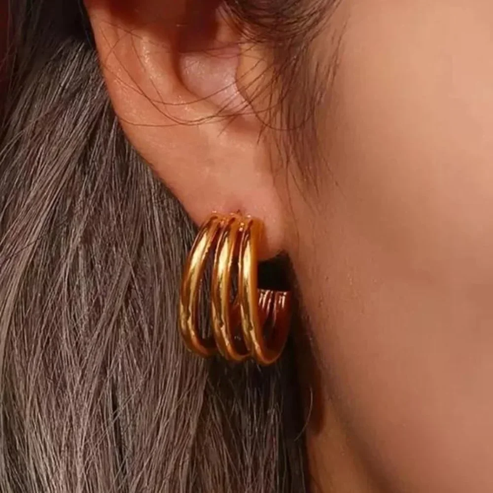NEW 3 LAYERS 18K GOLD HOOP EARRINGS, NICE EARRINGS, CUTE EARRINGS - Picture 1 of 7